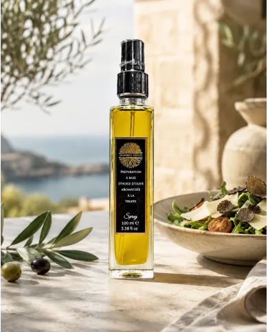 Olive oil-based preparation in spray form, flavoured with black truffle