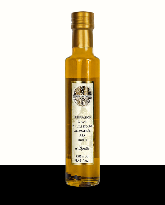 Préparation à base d'huile d'olive vierge extra aromatisée à la truffe et lamelles
