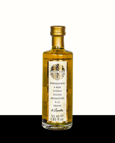 Préparation à base d'huile d'olive vierge extra aromatisée à la truffe et lamelles