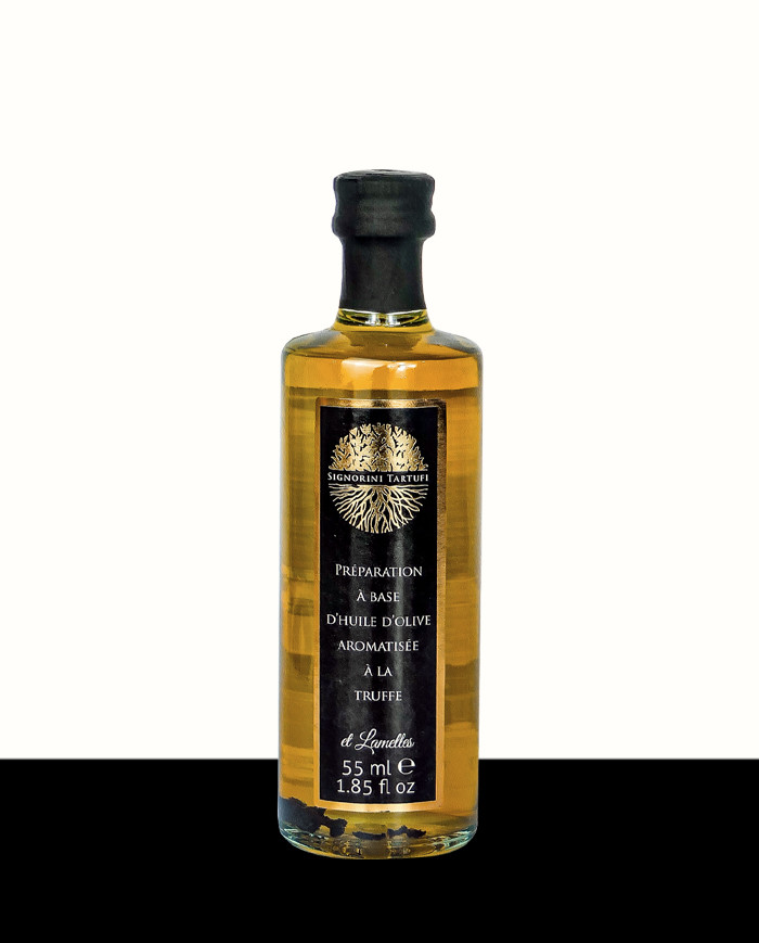 Zubereitung auf Basis von nativem Olivenöl extra, aromatisiert mit schwarzem Trüffel und Streifen