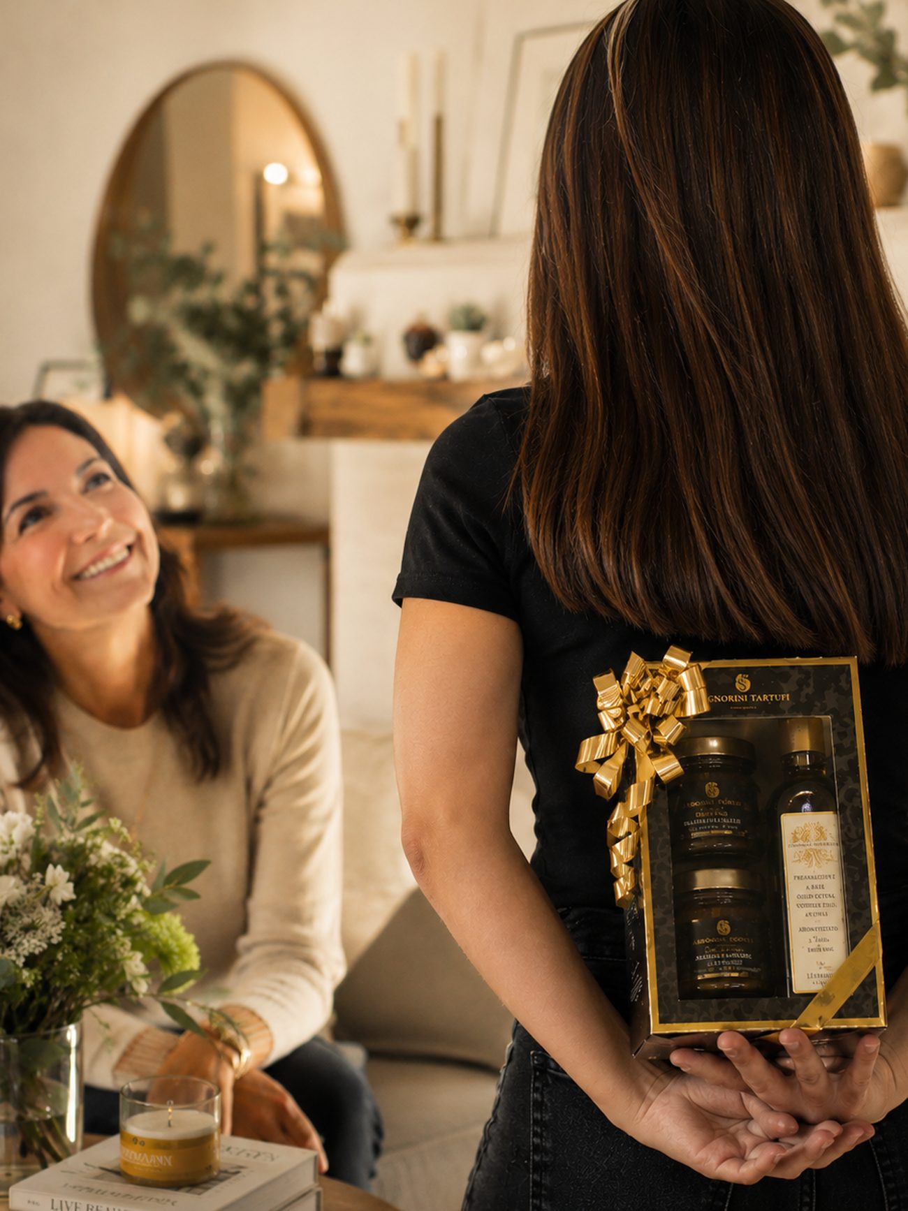 Una mamma riceve il suo cofanetto Signorini Tartufi per la Festa della Mamma