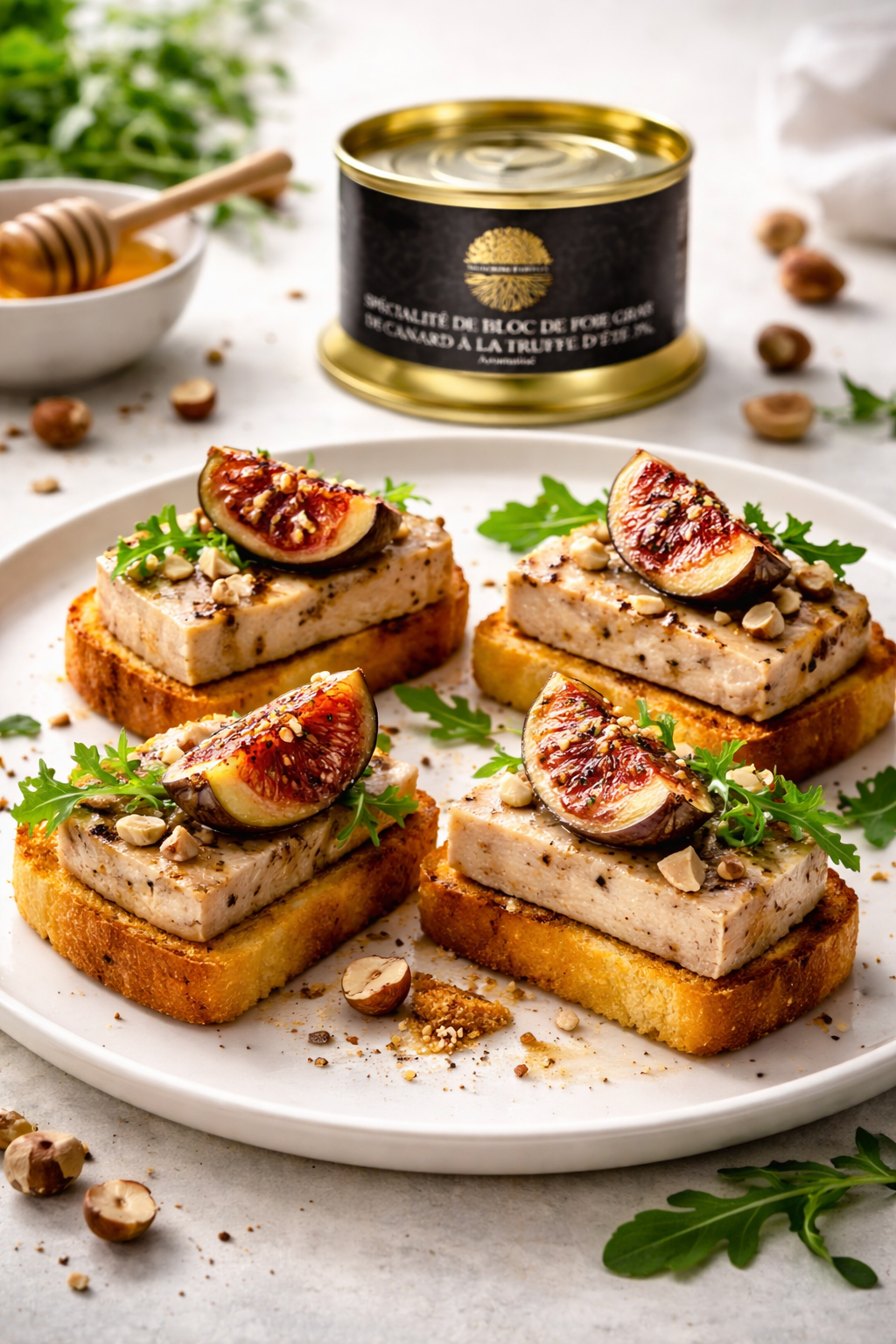Foie gras à la truffe d’été sur brioche tiède, figues rôties et noisettes