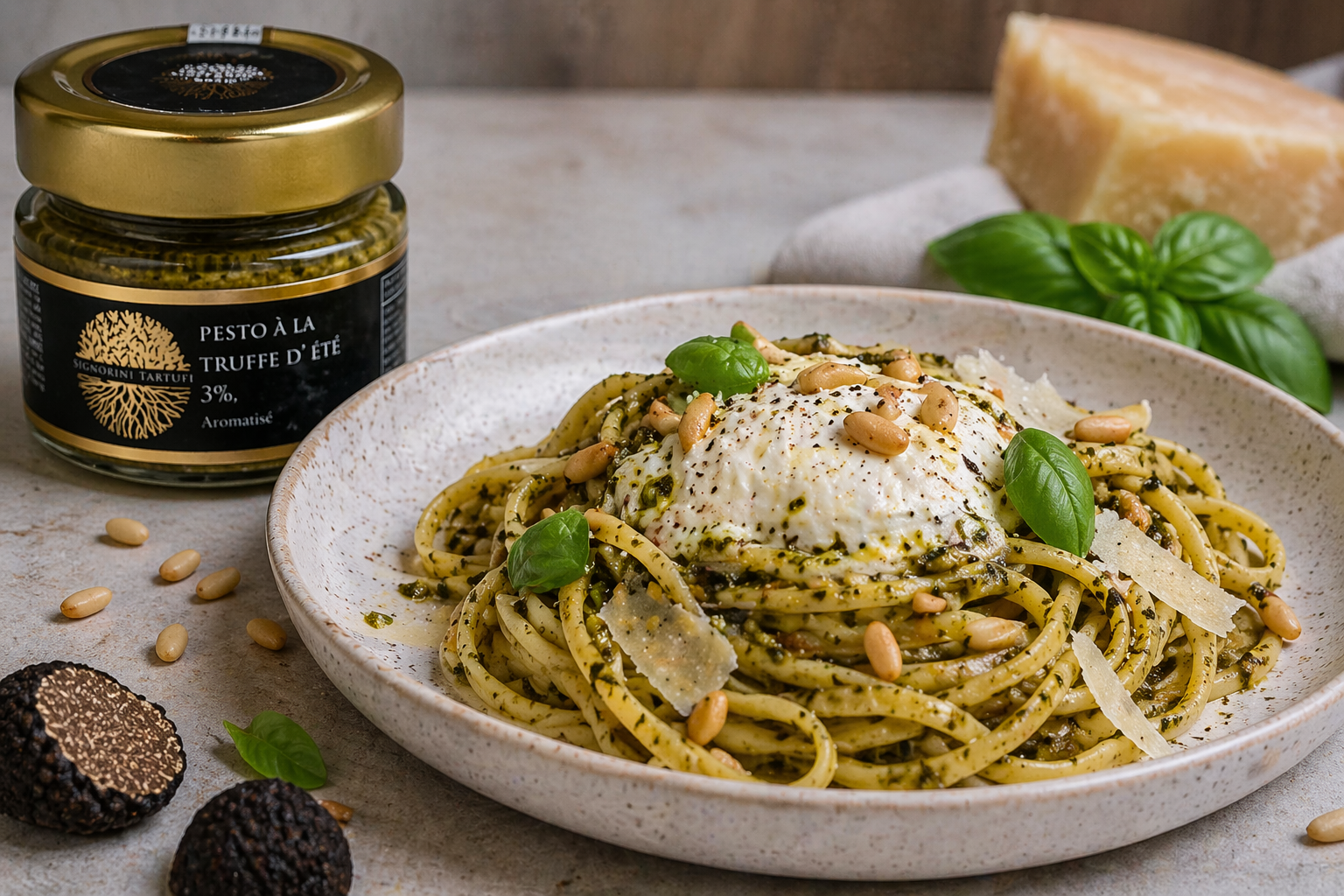 Pâtes crémeuses au pesto de truffe d’été, burrata & pignons dorés