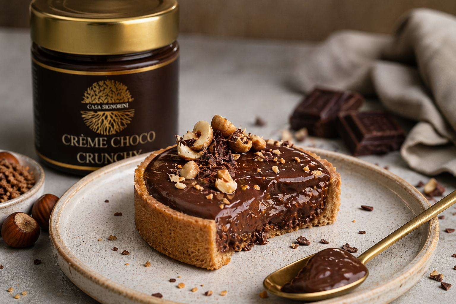 Tartelettes chocolat crunchy, ganache légère & cœur fondant