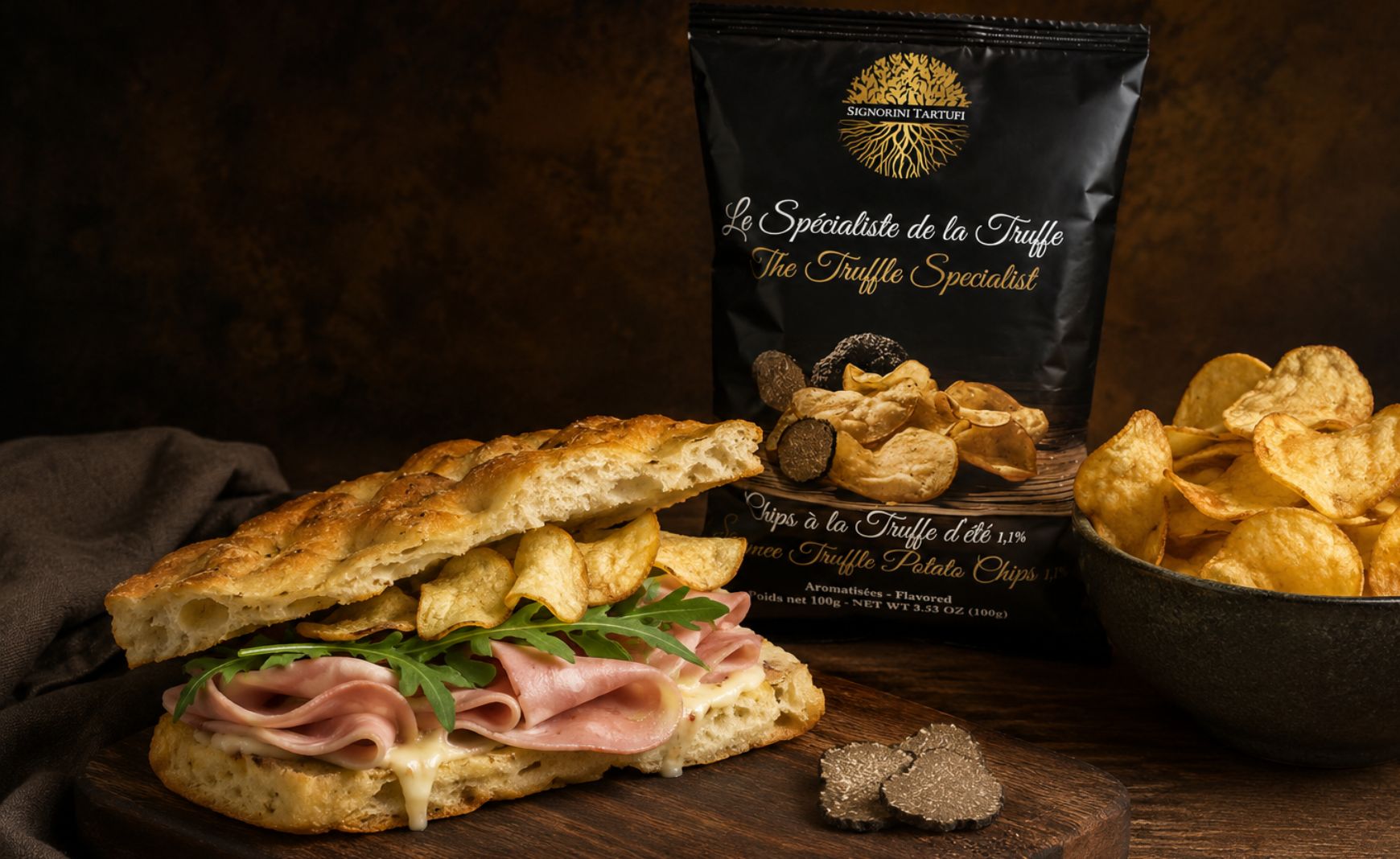 Focaccia à la mortadelle, Coulommiers et Chips à la Truffe d’été
