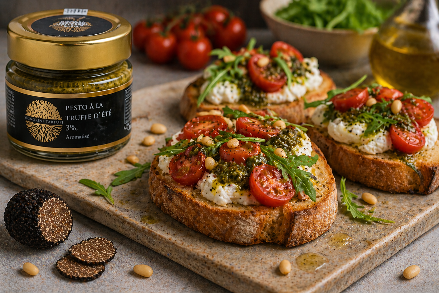 Bruschetta croustillante au pesto de truffe d’été, burrata & tomates confites