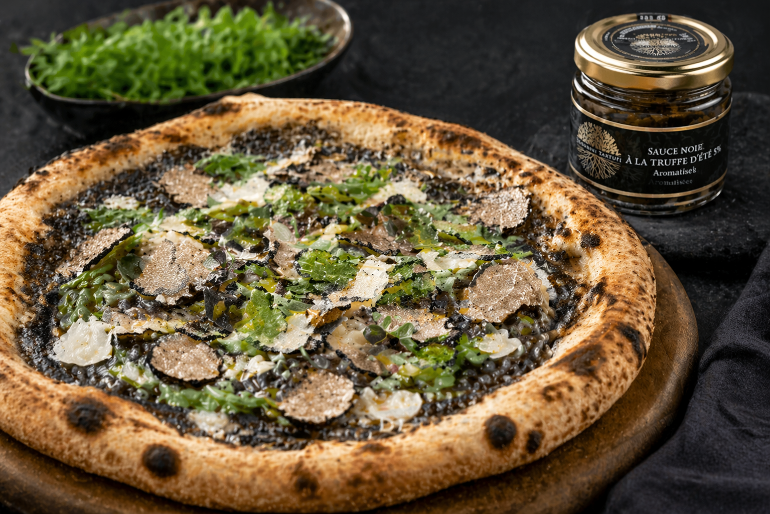 Pizza Blanche roquette à la Sauce Noire Truffée