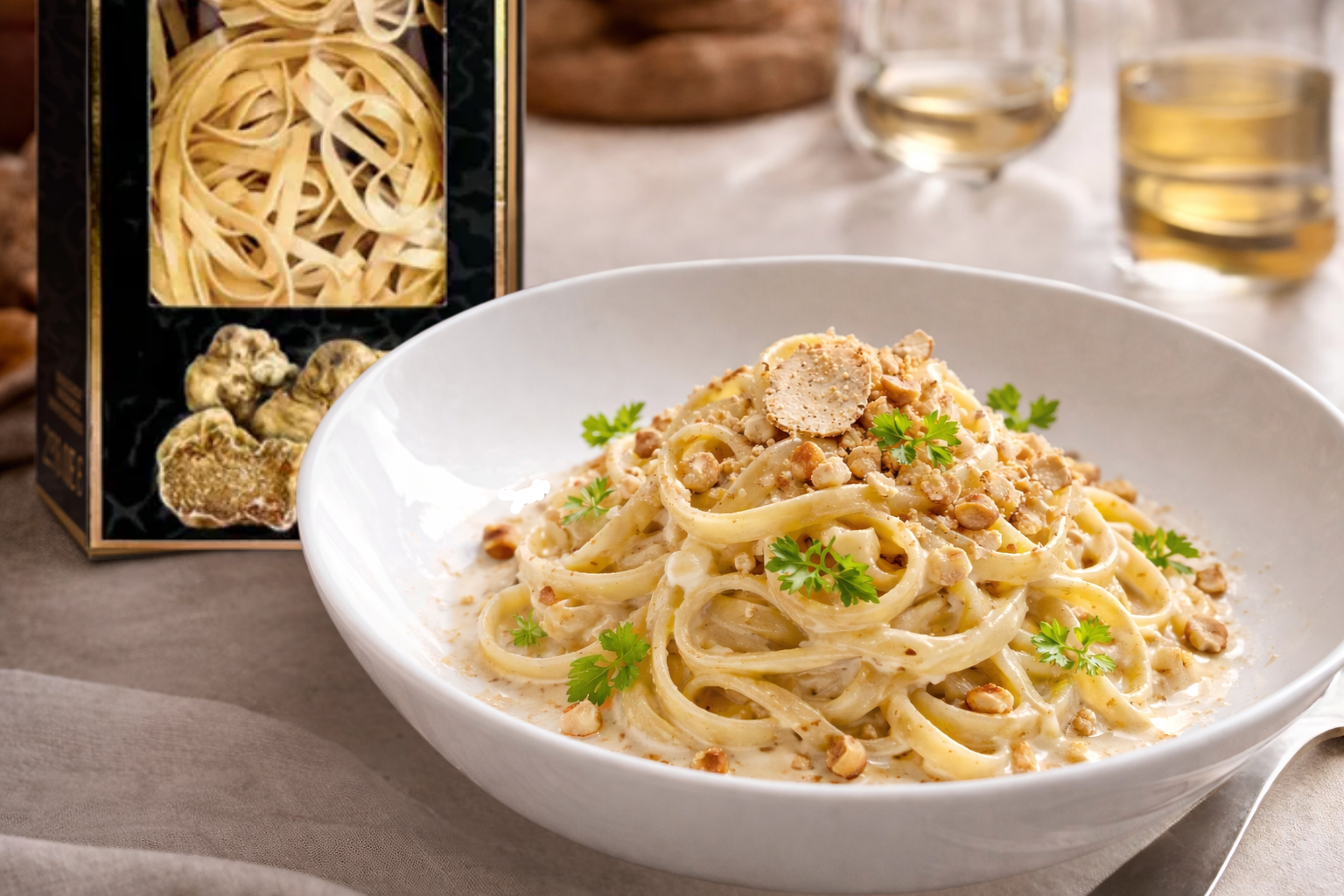 Tagliatelle à la truffe blanche, crème légère au parmesan et noisettes torréfiées