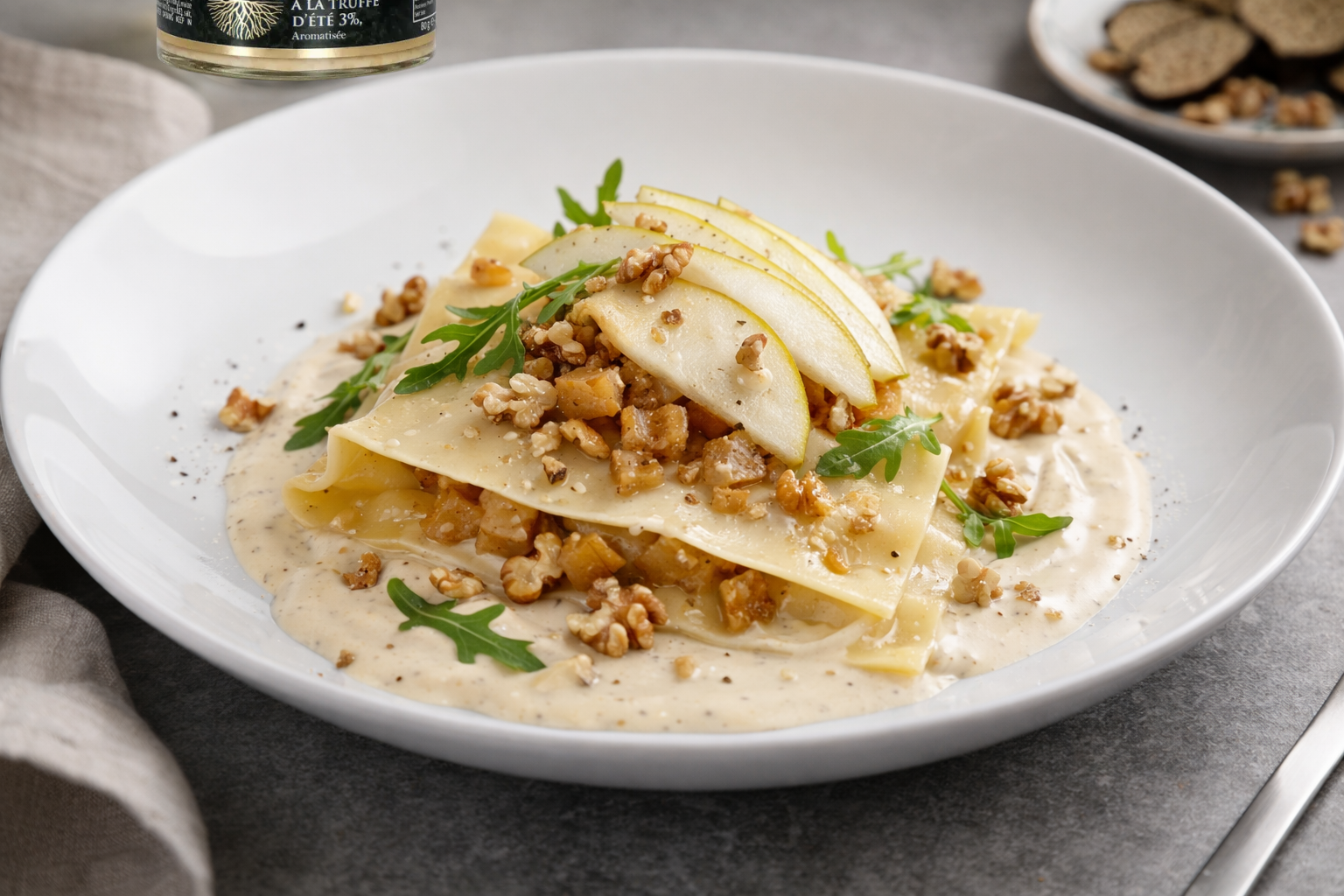 Raviole ouverte au gorgonzola truffé, poire rôtie et noix