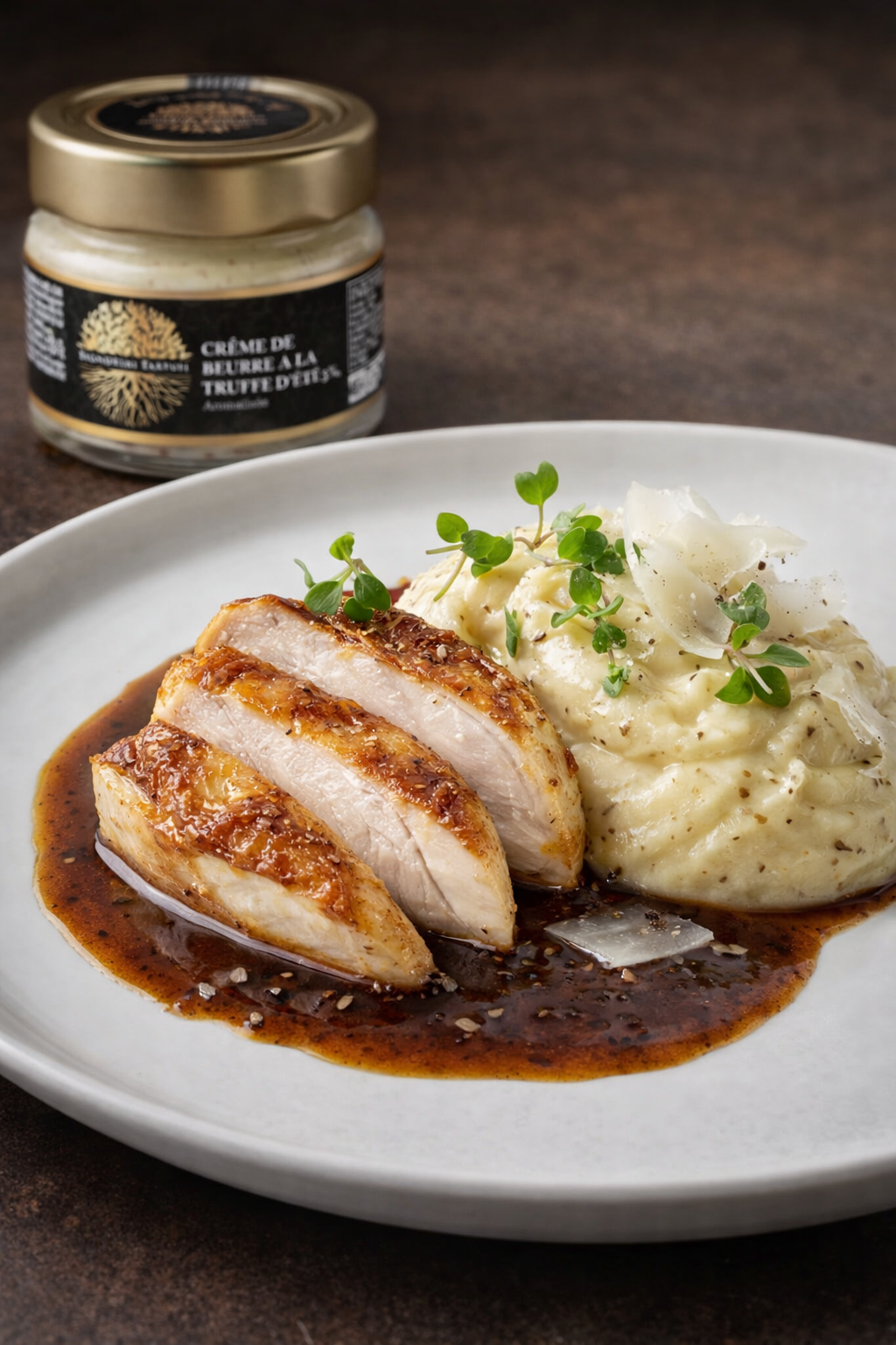 Suprême de volaille rôti, mousseline de pomme de terre à la crème de beurre truffée, jus court