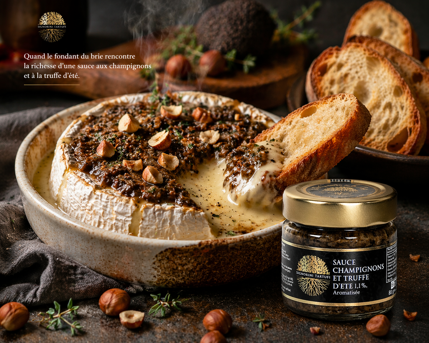 Brie rôti à la crème de champignons et truffe d’été, noisettes torréfiées & pain croustillant