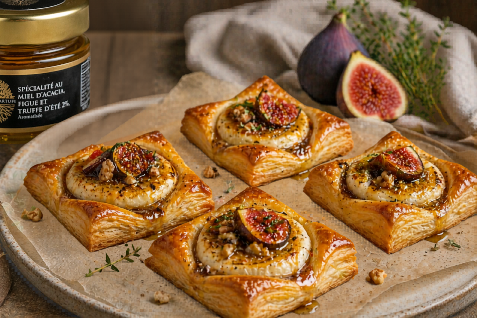 Feuilletés croustillants au chèvre chaud, miel figues & truffe d’été