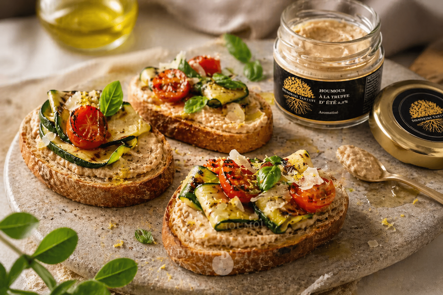Tartines croustillantes au houmous à la truffe d’été et légumes grillés