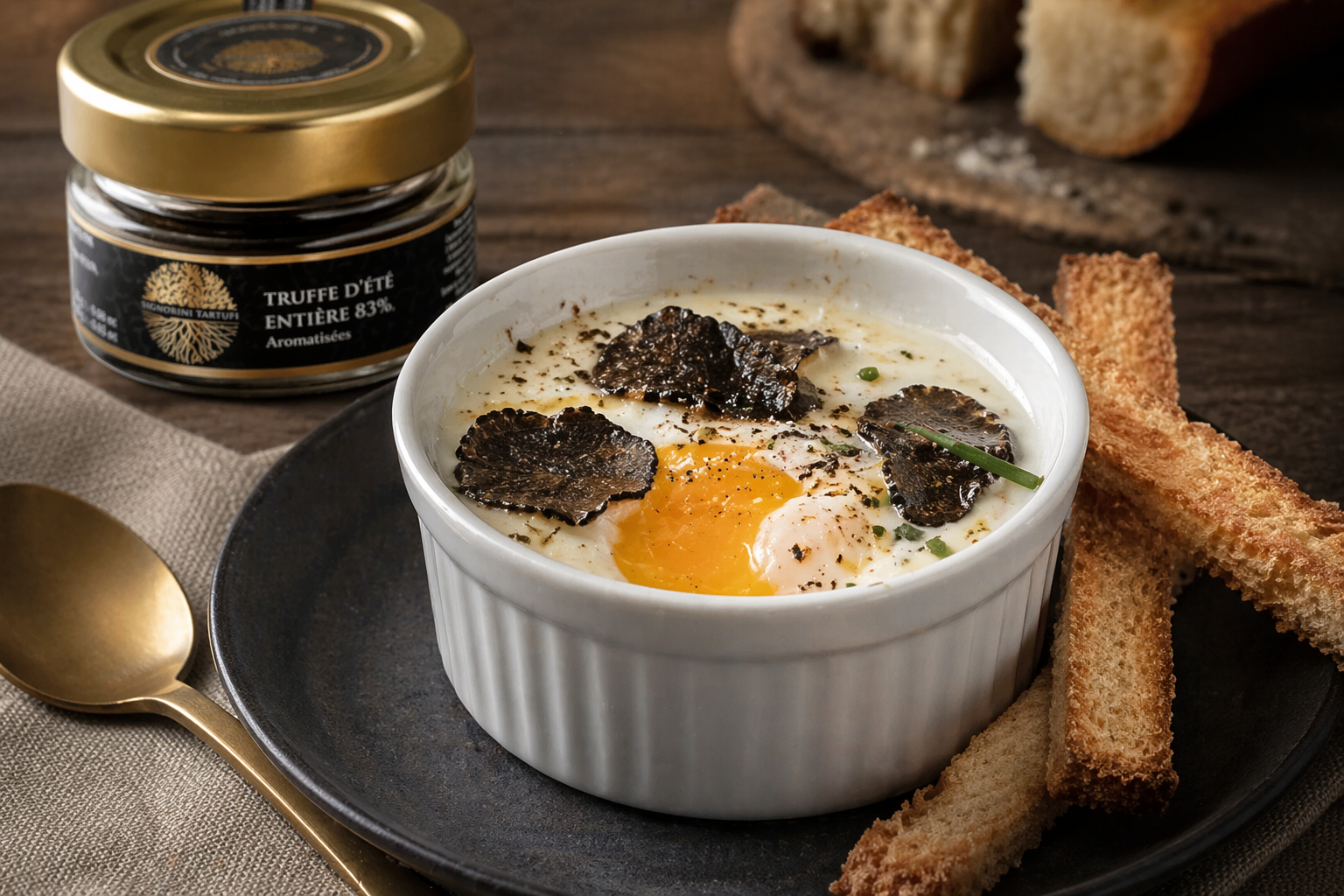 Œufs cocotte à la truffe d’été entière, crème légère et mouillettes dorées
