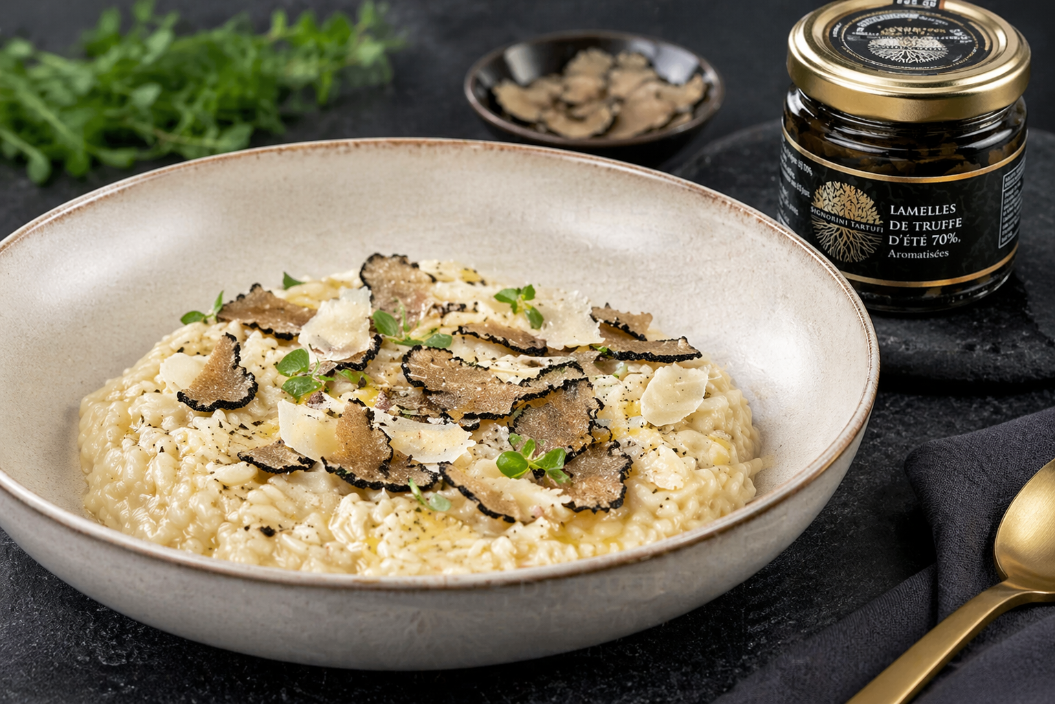 Risotto crémeux au parmesan et lamelles de truffe d’été